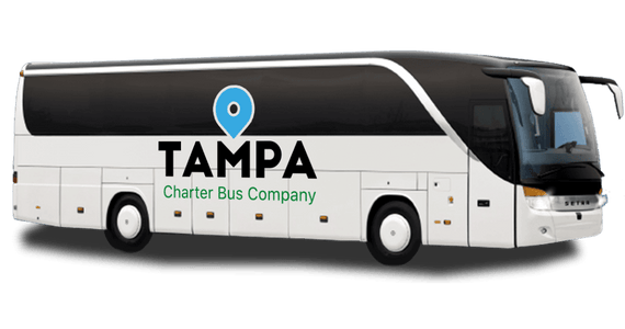 a plain white charter bus with a Tampa charter bus rentals logo on it